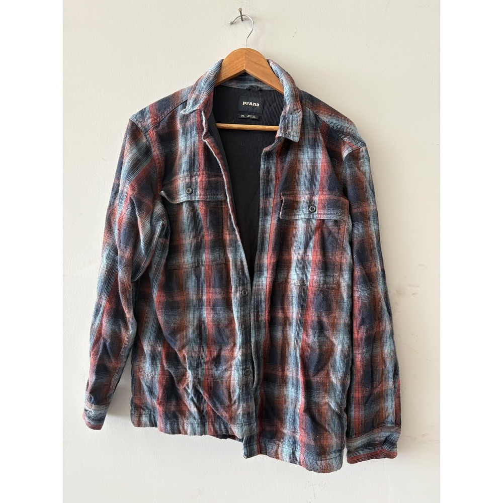 PrAna Jacket Mens Small Blue Red Plaid Flannel Lined Warm Button Front Shacket